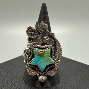 🦌 ⭐️ Turquoise Sterling Silver 925 Adjustable Star Ring Handmade Deer Flower